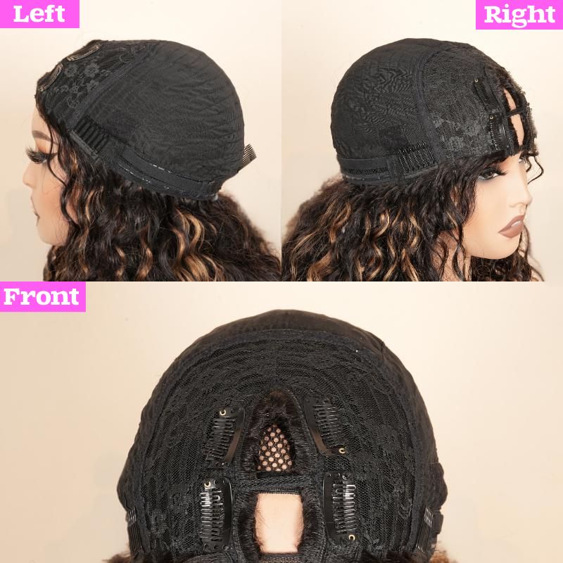 V Part Highlight Brown Water Wave Wig Handwoven Invisible Drawstring Glueless 100% Human Hair  Beginner Friendly Flash Sale-Amanda Hair