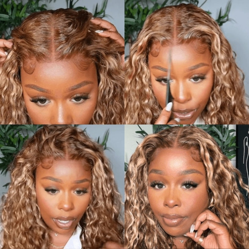 Glueless Honey Blonde Water Wave 13x4/13x6 Lace Front Highlighted Color Put On And Go Human Hair Wig - Amanda Hair