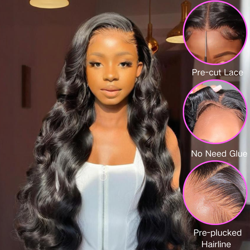 Glueless Body Wave 7x5/13x4  HD Transparent Lace Pull And Go Invisible Drawstring Human Hair Wigs With Natural Hairline-Amanda Hair