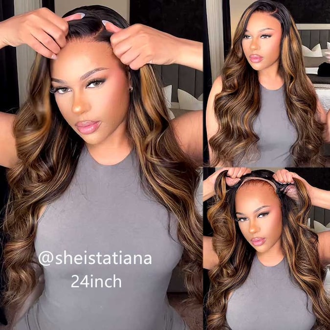 Amanda Put On & Go Glueless 3D Body Wave Highlight Balayage Brown Invisible Drawstring Human Hair Wig