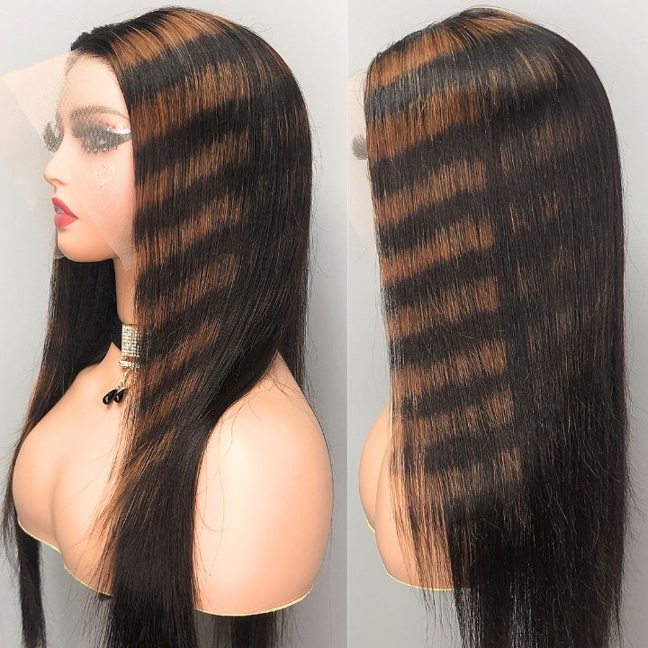 Hottest Long Highlight Brown Zebra Stripe Straight Human Hair Glueless Lace Front Wigs Patches Color Wig- Amanda Hair