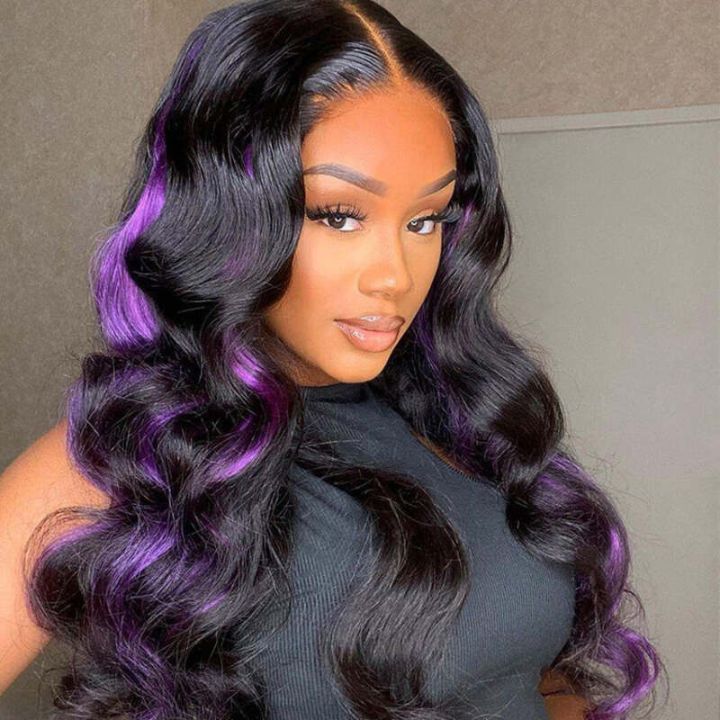 Glueless Long Peekaboo Highlight Purple Colored Wig New Trendy Body Wave 13x4 Lace Front Wigs Amanda Hair