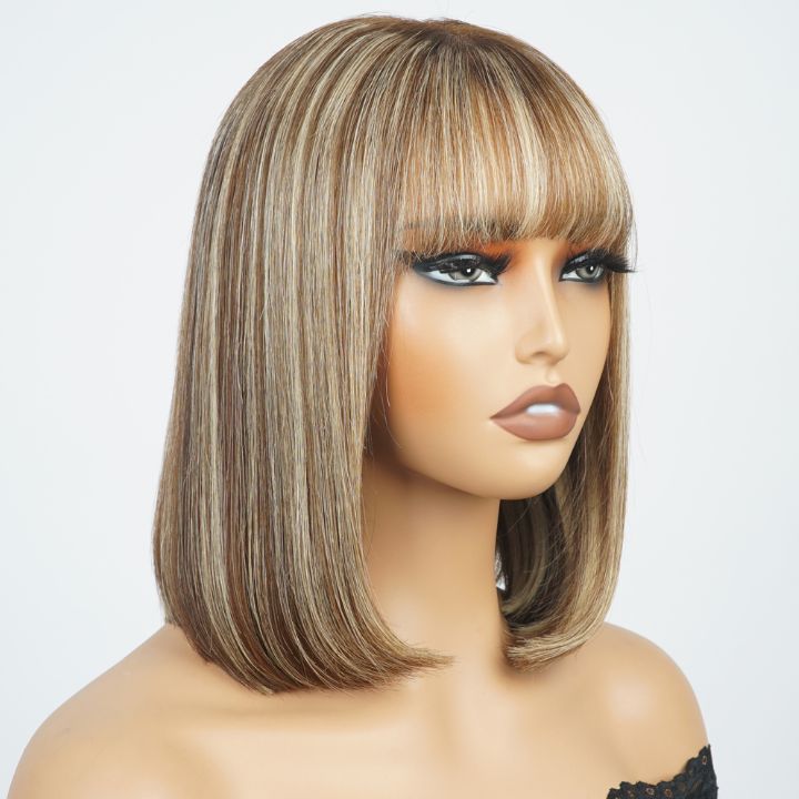 Highlight Blonde Mix Brown Summer Choice Fashion Short Straight Bob Lace Wigs with Bangs Transparent Glueless Lace Colored  Wigs No Code Needed  -Amanda Hair