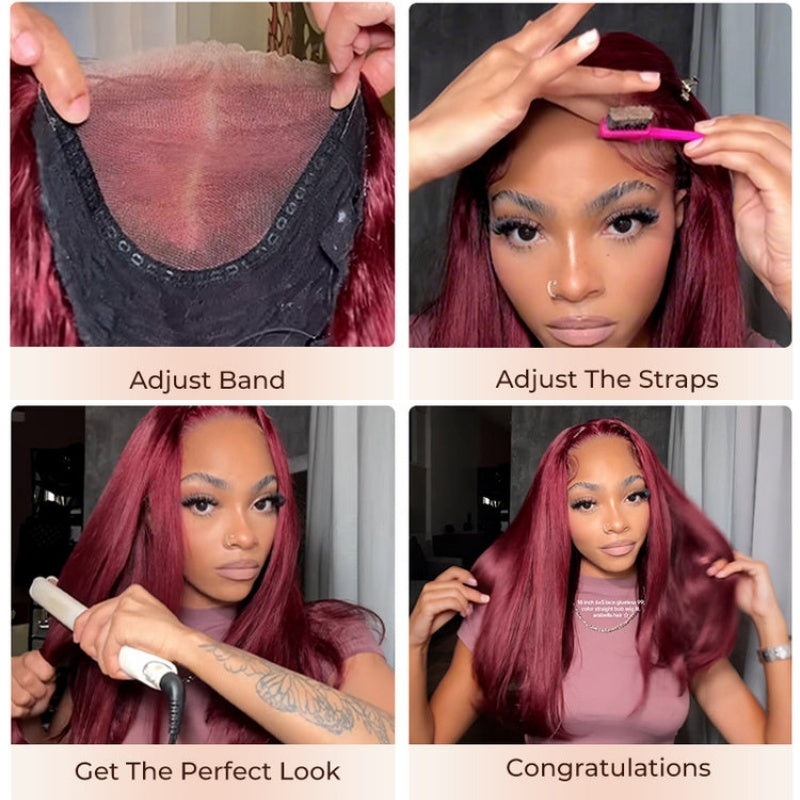 Straight Glueless 7x5 / 13x4 Lace Front Wig Pre Everything 99J Burgundy Red Colored Transparent Lace Human Hair Wigs- Amanda Hair