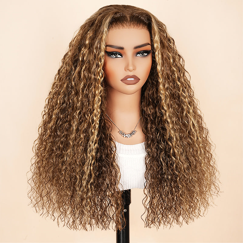 Glueless Honey Blonde Water Wave 13x4 Lace Front Highlighted Color Burmese Curly Put On And Go Human Hair Wig