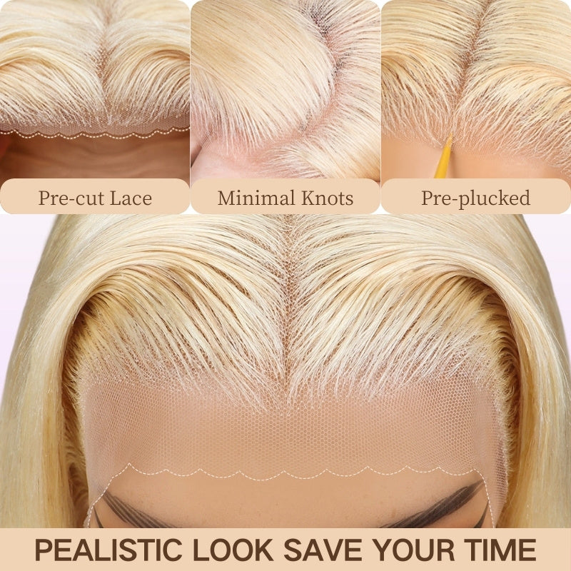 613 # Blonde Brésilienne Droite Court Bob Perruques 150% Densité Transparent Dentelle Frontale Perruque Pré Cueillie Sans Colle Dentelle Perruques-Amanda Cheveux
