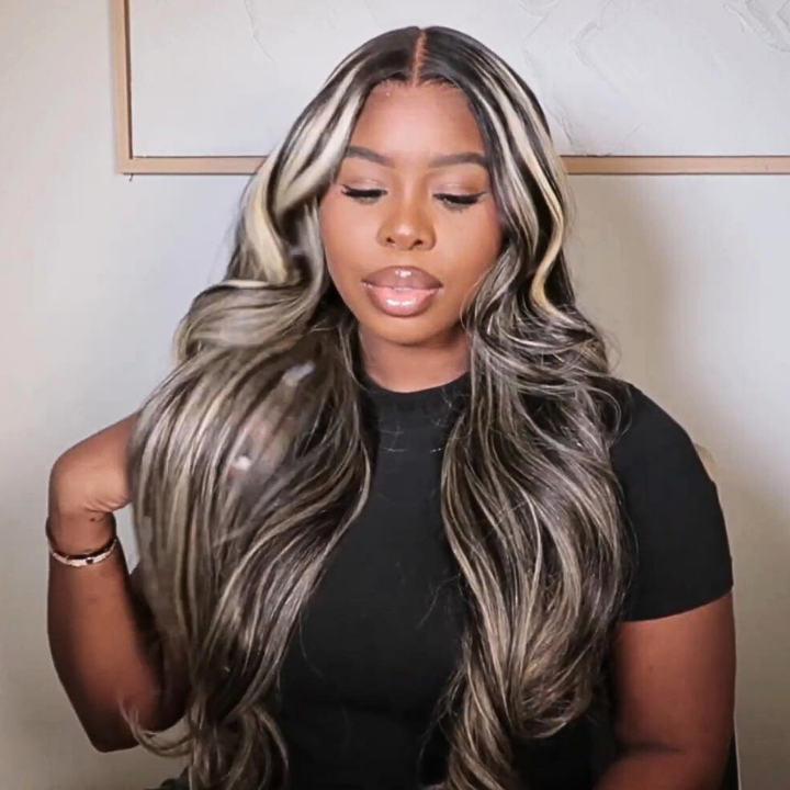 AmandaHair Highlight Wig Human Hair Transparent Lace Front Wigs Body Wave Ombre Human Hair Light Blonde Mix Highlights Straight Color 13x4 Lace Frontal Wig-Amanda Hair