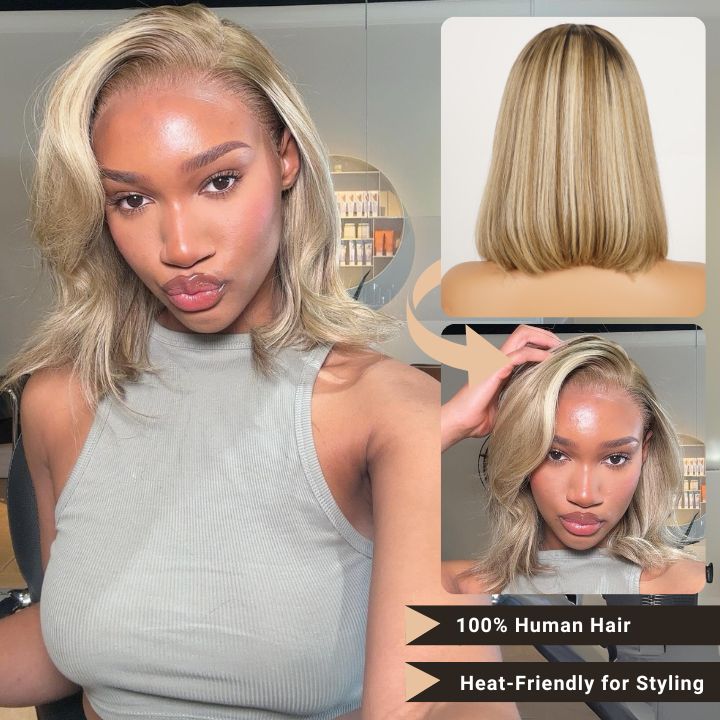 Ombre Ash Blonde Brazilian Straight Short Bob Wigs Transparent Lace Frontal Wig Pre Plucked Glueless Lace Wigs No Code Needed -Amanda Hair
