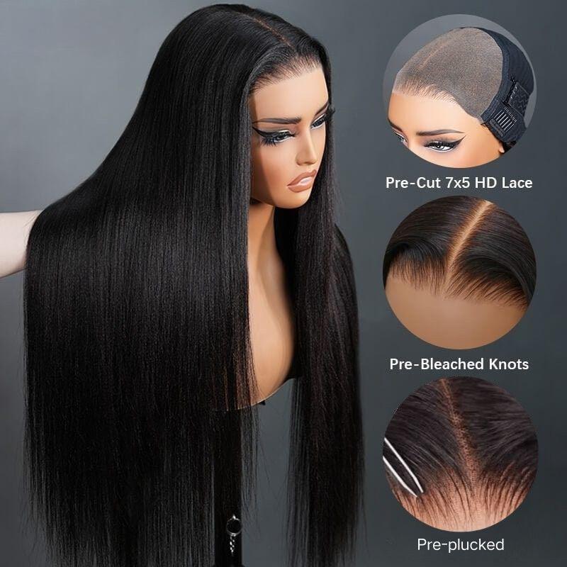 Yaki Straight 7x5 Glueless Lace Natural Black Color Put On and Go Invisi Drawstring Human Hair Wigs- Amanda Hair