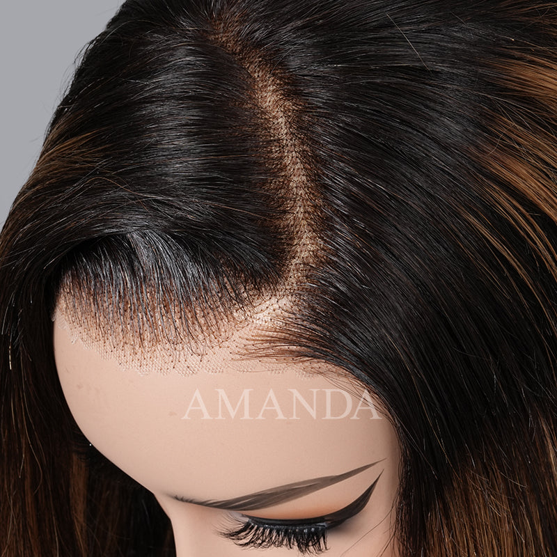 Pelucas de cabello humano con ondas corporales, sin pegamento, con encaje frontal transparente y resaltado rubio mezclado marrón para mujeres - Amanda Hair 