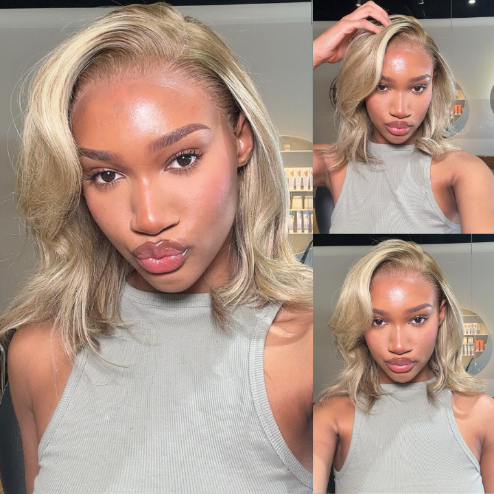 Ombre Ash Blonde Brazilian Straight Short Bob Wigs Transparent Lace Frontal Wig Pre Plucked Glueless Lace Wigs No Code Needed -Amanda Hair