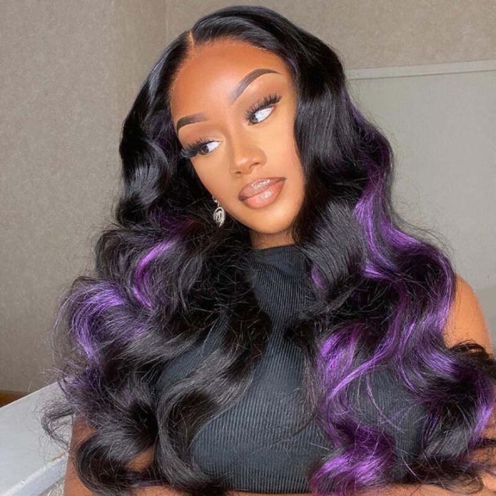 Glueless Long Peekaboo Highlight Purple Colored Wig New Trendy Body Wave 13x4 Lace Front Wigs Amanda Hair