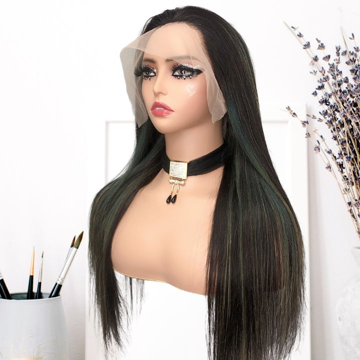 Long Highlight  Light Blue Straight Human Hair Glueless Lace Front Wigs Fashion Color Lace Wig- Amanda Hair
