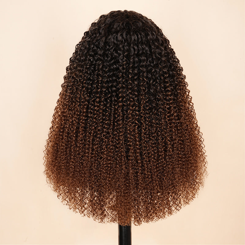 New V Part Wig Curly Chestnut Brown Ombre Color Glueless Human Hair Wig - Amanda Hair