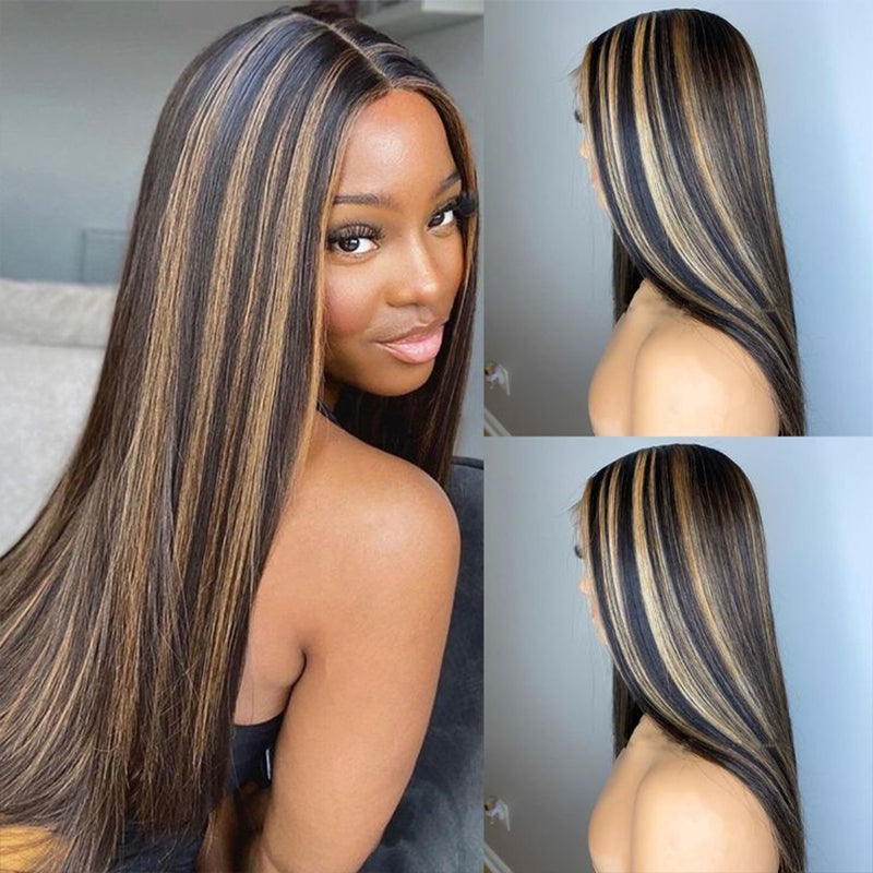 24H Fast Shipping 13×6 Glueless Lace Front Wig Straight Brown Highlight Wig