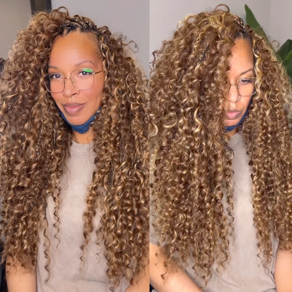 Buy 1 Get 1 Free Ombre Honey Blonde Glueless Boho Braided Parting Loose Curls 7x5/13x4 HD Transparent Lace Wig