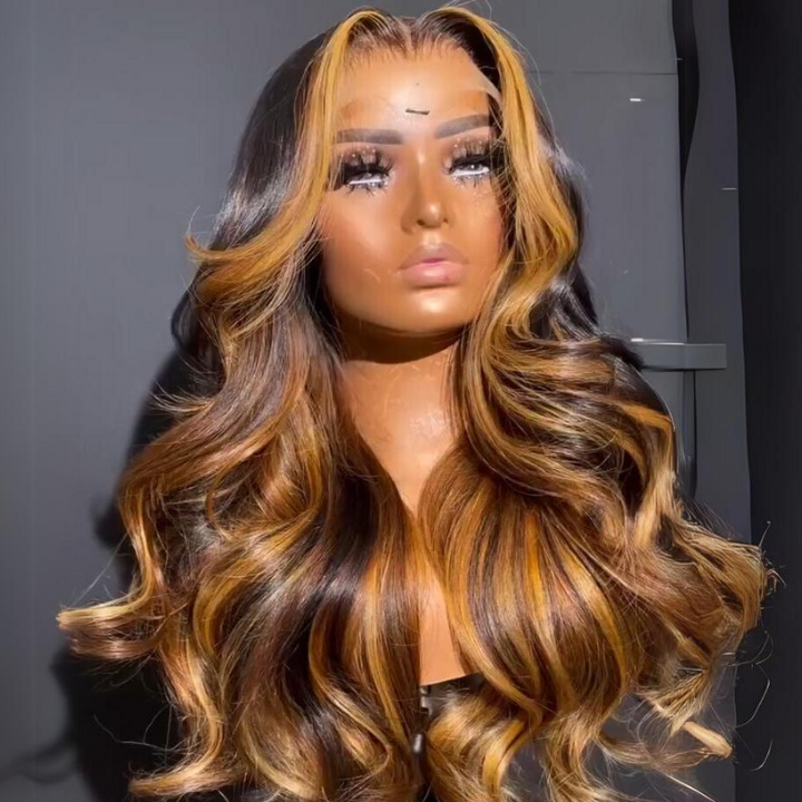 Glueless 100% Human Hair Money Piece Highlight Blonde Body Wave Lace Front Color Wigs -Amanda Hair