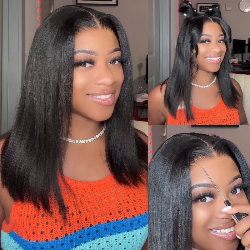 Yaki Straight 7x5 Glueless Lace Natural Black Color Put On and Go Invisi Drawstring Human Hair Wigs- Amanda Hair
