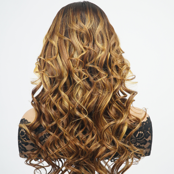 Peluca de cabello humano 100 % con ondas sueltas, sin pegamento, con reflejos, color rubio, marrón, raíces oscuras, con encaje frontal, transparente, con cierre y encaje frontal - Amanda Hair