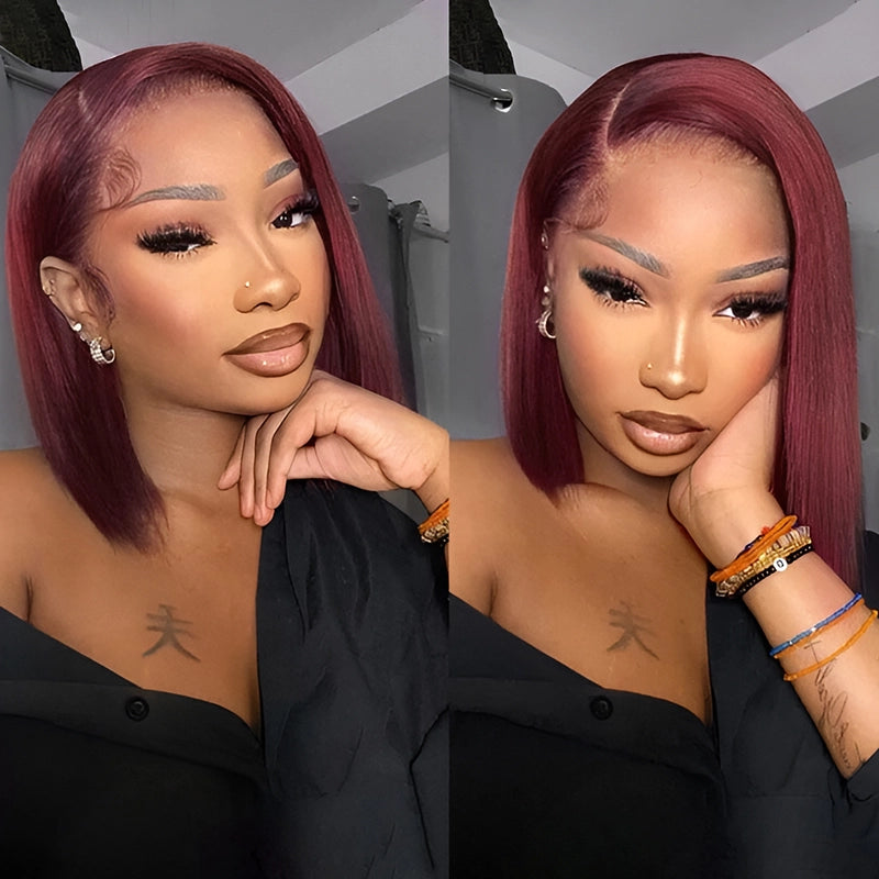 Court Bob 13x4 Lace Front Wig Bordeaux 99J Straight Bob Wig 100% Cheveux Humains Pour Femmes Noires-Amanda Hair