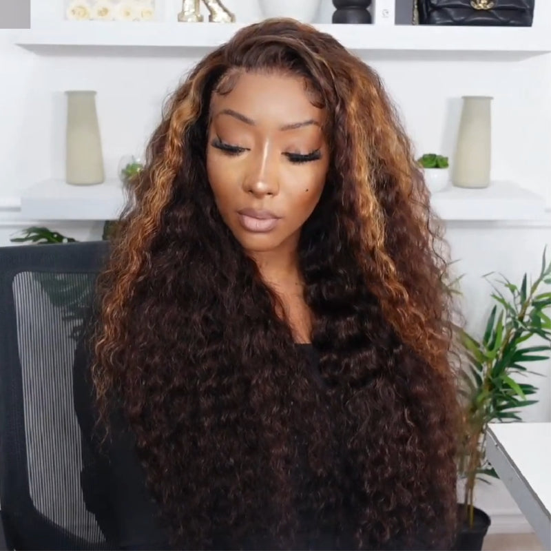 300% Density Bold Bounce Glueless Water Wave Highlight Blonde Color 13x4 HD Transparent Lace Front Wigs-Amanda Hair