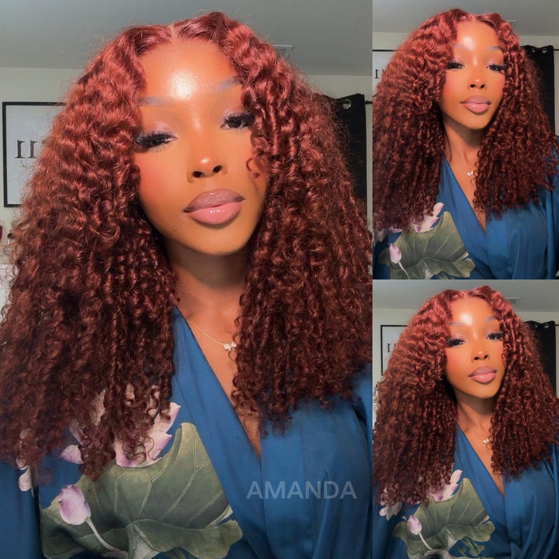 Burmese Curly Reddish Brown HD Tranparent Lace Jerry Curly Glueless Wigs 180% Density-Amanda Hair