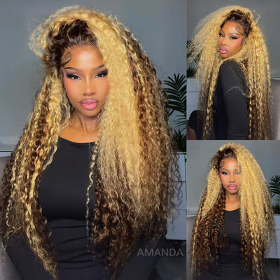 Highlight Color Honey Blonde Curly HD Transparent Full Lace Front Wig With Brown Roots- Amanda Hair