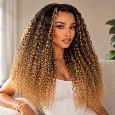 Amanda 13x6 Full Lace Front 300% Density Honey Blonde Ombre Balayage Deep Curly Glueless Human Hair Wig