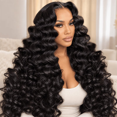 Amanda 300% Density Luxury Custom 13x6 Glueless Bouncy Crimp Wavy With Drawstring Super Double Drawn Virgin Human Hair Lace Wig