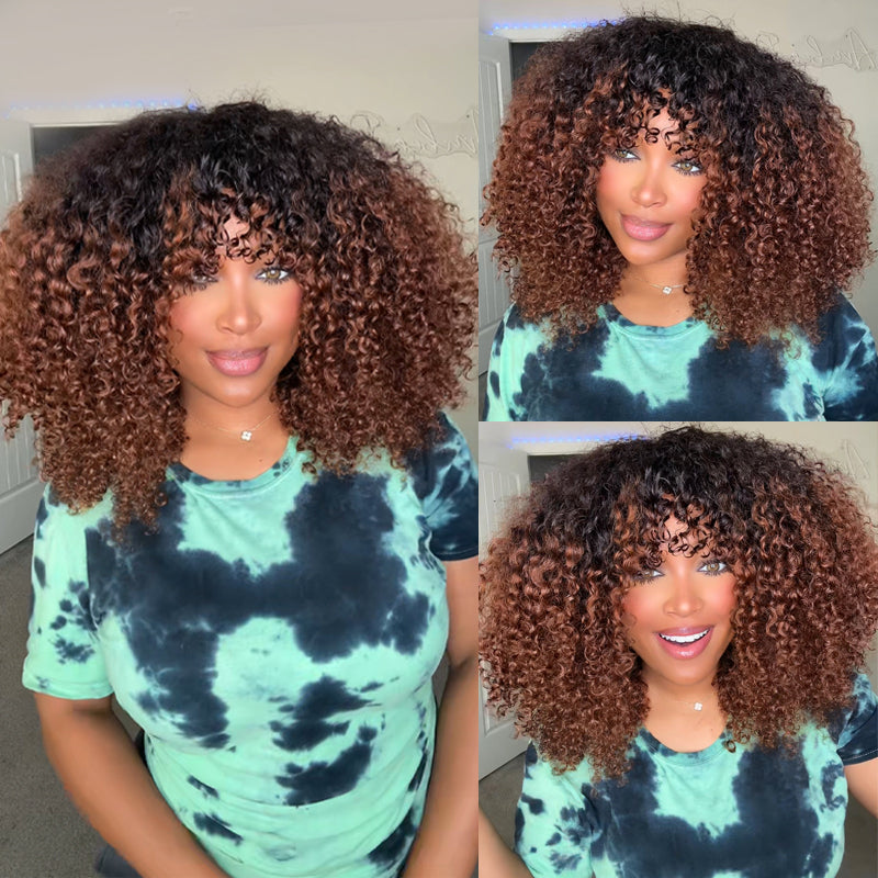 Amanda Double Drawn 300% Density 2×4/7×5 Lace Glueless Ombre Brown Curly Wig With Bangs & Drawstring
