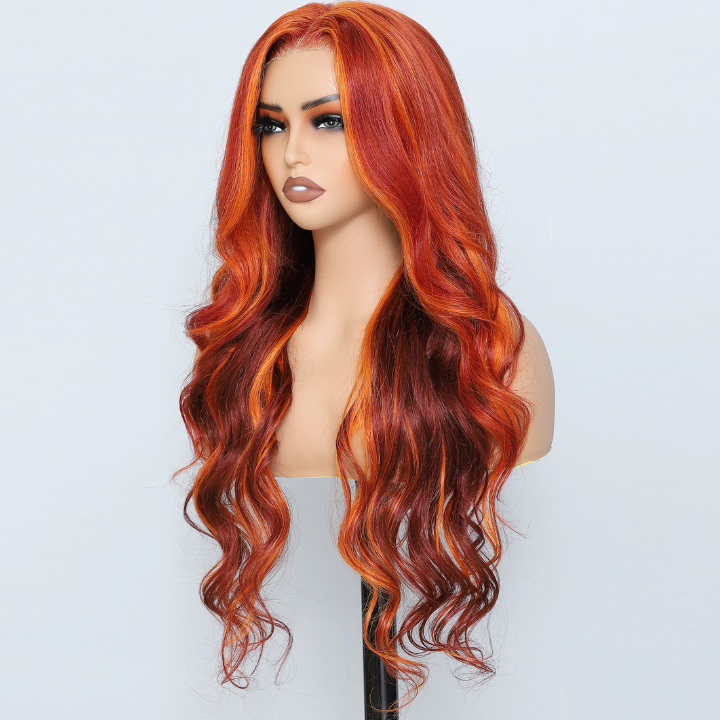 Highlight Ginger Loose Wave 13x4/7x5 HD Lace Front Wig Highlights Orange Color Human Hair Wigs-Amanda Hair
