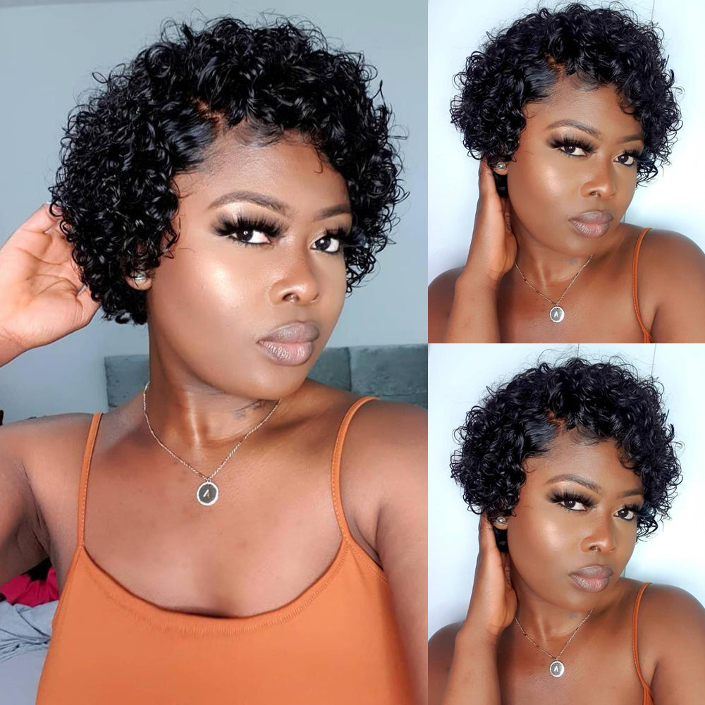 Kinky Curly Human Hair Pixie Cut Wig 4*4 Lace Closure/ T Type Lace Front Wigs Short Curly Bob-Amanda Hair