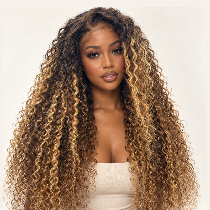 Mechas rubias sin pegamento en una lujosa peluca de ondas profundas y rizadas con encaje frontal - Peluca transparente con encaje frontal y cierre - Amanda Hair