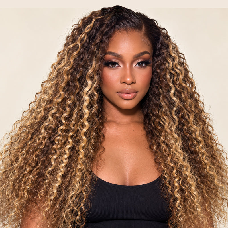 Mechas rubias sin pegamento en una lujosa peluca de ondas profundas y rizadas con encaje frontal - Peluca transparente con encaje frontal y cierre - Amanda Hair