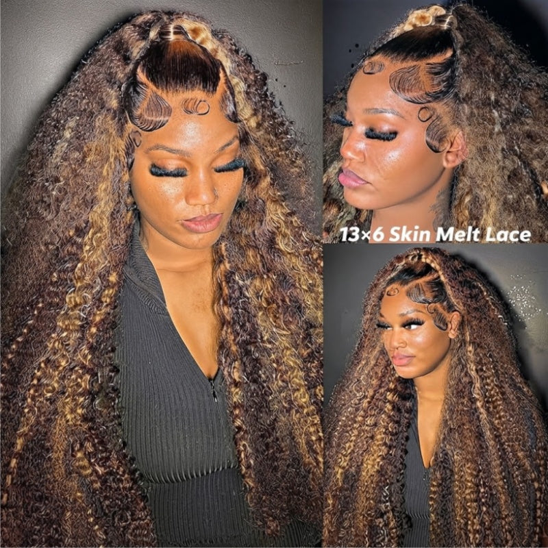 Mechas rubias sin pegamento en una lujosa peluca de ondas profundas y rizadas con encaje frontal - Peluca transparente con encaje frontal y cierre - Amanda Hair