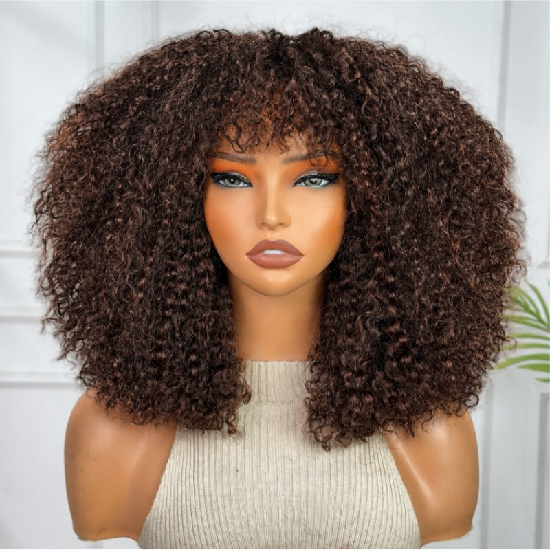Amanda Double Drawn 300% Density 2×4 Lace Glueless Ombre Brown Curly Wig With Bangs & Drawstring