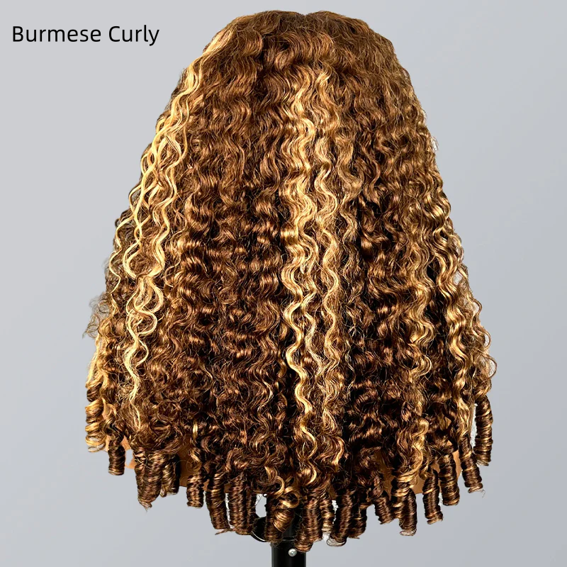 Glueless Honey Blonde Water Wave 13x4 Lace Front Highlighted Color Burmese Curly Put On And Go Human Hair Wig
