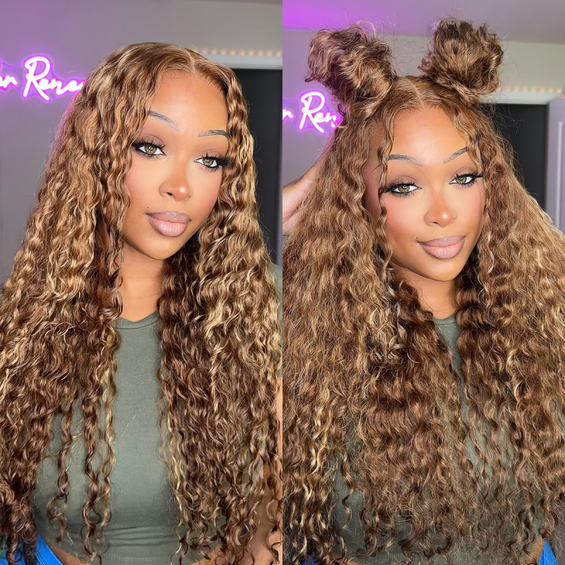 Glueless Honey Blonde Water Wave 13x4 Lace Front Highlighted Color Burmese Curly Put On And Go Human Hair Wig