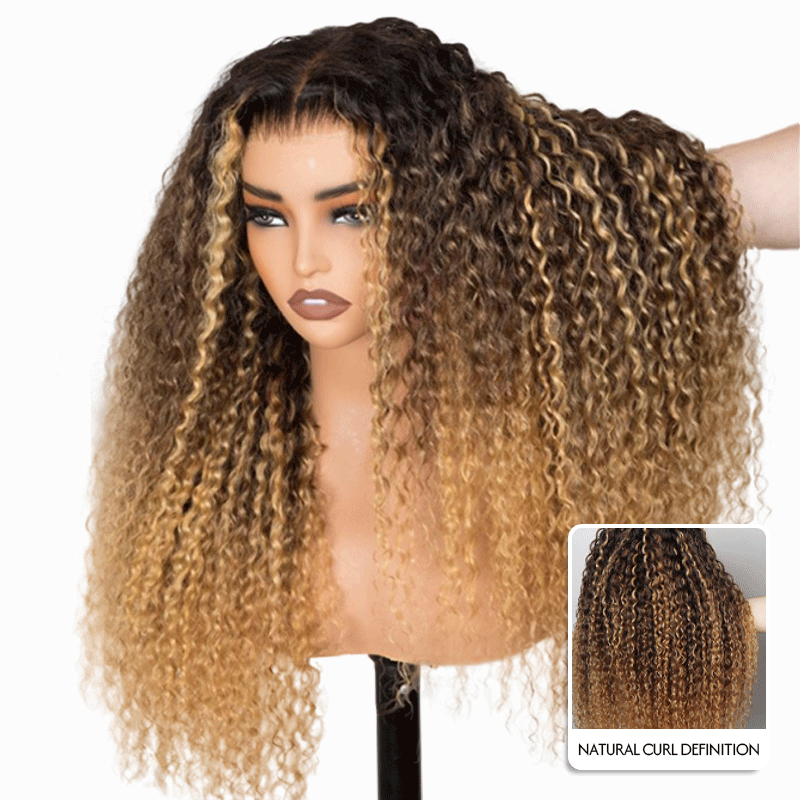 Amanda 13x6 Full Lace Front 300% Density Honey Blonde Ombre Balayage Deep Curly Glueless Human Hair Wig