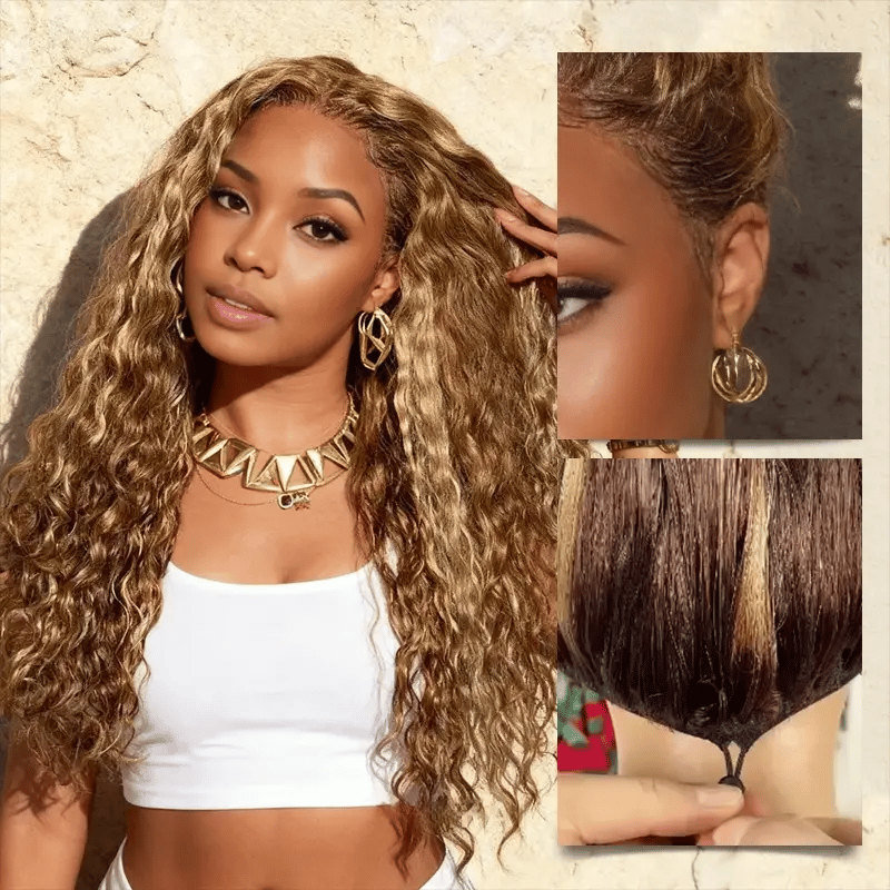 Glueless Honey Blonde Water Wave 13x4 Lace Front Highlighted Color Burmese Curly Put On And Go Human Hair Wig