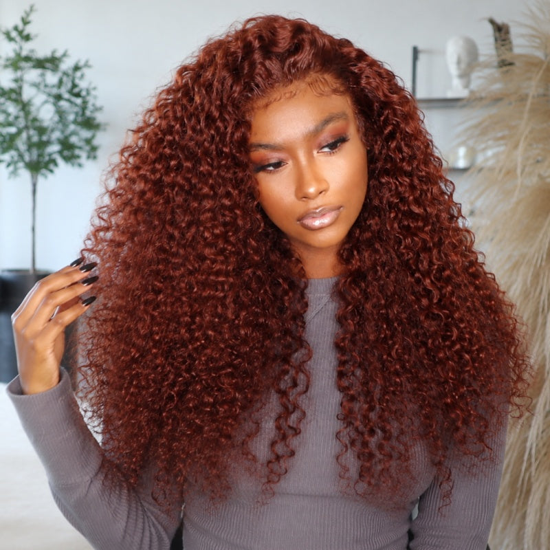 Amanda 13x6 Full Lace Front 300% Density Ombre Reddish Brown Deep Curly Glueless Human Hair Wig