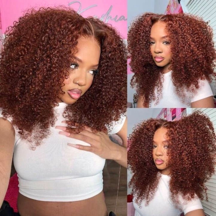 Glueless Lace Frontal  Kinky Curly Wig Human Hair Auburn Brown -Amanda Hair Clearance Flash Sale