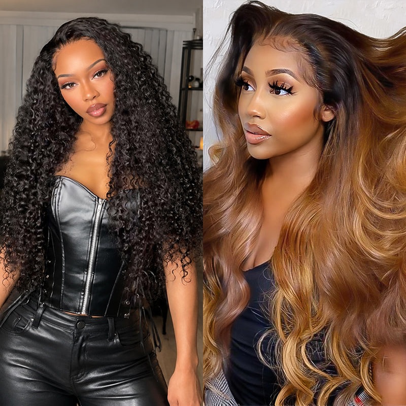 Bogo Flash Sale| Pre Everything Long Curly Hair 13x4 Lace Frontal Wig + Ombre Medium Blonde Glueless Clear Transparent 6×4 Lace Closure Wig