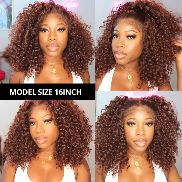 FLASH SALE $99 Copper Brown Spanish Curly Tranparent Lace Wigs Deep Hairline 100% Human Hair Auburn / Reddish Brown Lace Front Wigs-Amanda Hair