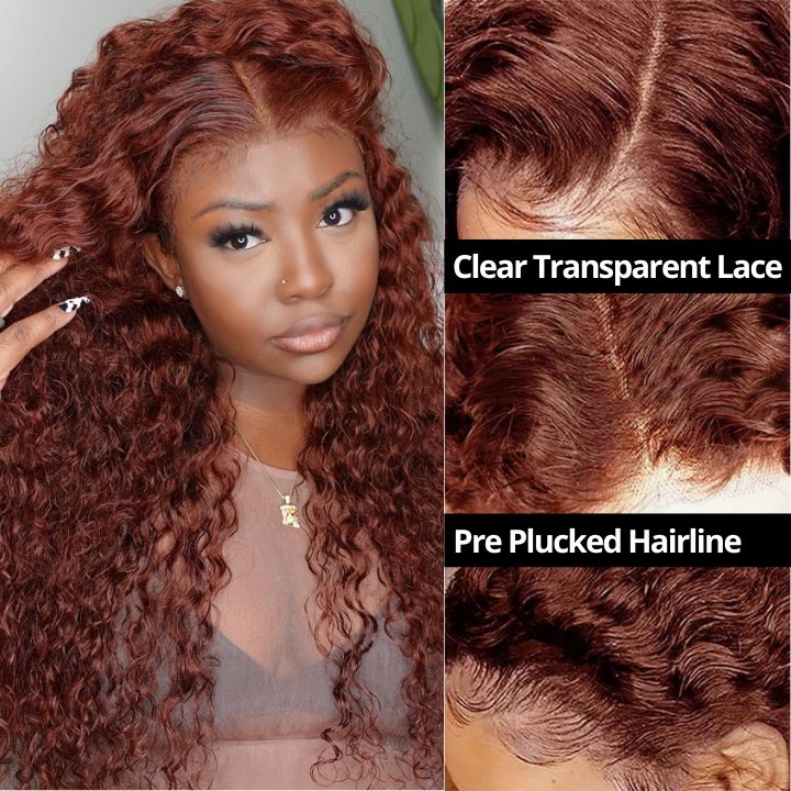 FLASH SALE $99 Copper Brown Spanish Curly Tranparent Lace Wigs Deep Hairline 100% Human Hair Auburn / Reddish Brown Lace Front Wigs-Amanda Hair