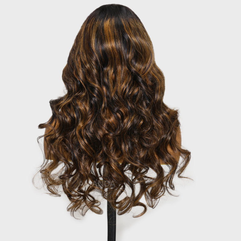 Glueless 3D Body Wave Highlight Balayage Brown 7x5 / 13x4 Transparent HD Lace Put On & Go Invisible Drawstring Human Hair Wig Amanda Hair