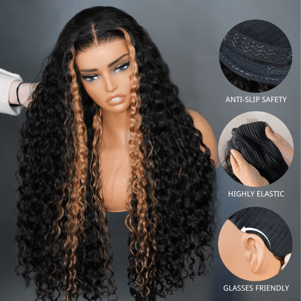 Put On and Go Glueless  Blonde Highlights on Luxurious Lace Frontal Deep Curly Wave Wig - Clear Transparent Lace Front/Closure Wig Same Price as Tiktok Flash Sale - Amanda Hair