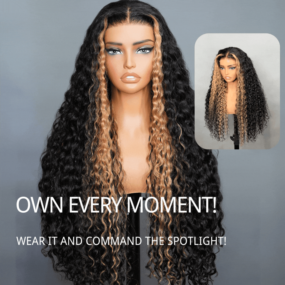Put On and Go Glueless  Blonde Highlights on Luxurious Lace Frontal Deep Curly Wave Wig - Clear Transparent Lace Front/Closure Wig Same Price as Tiktok Flash Sale - Amanda Hair