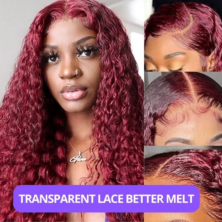 Glueless Bourgogne Lace Front Wig 99J Bouclés Perruques de Cheveux Humains Colorés HD Transparent 13X4 Lace Frontal Wig Preplumed Red Hair Wig-Amanda Hair