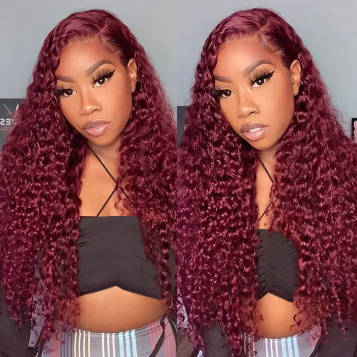 Glueless Burgundy Lace Front Wig 99J Curly Human Hair Wigs Colored HD Transparent 13X4 Lace Frontal Wig Preplucked Red Hair Wig-Amanda Hair